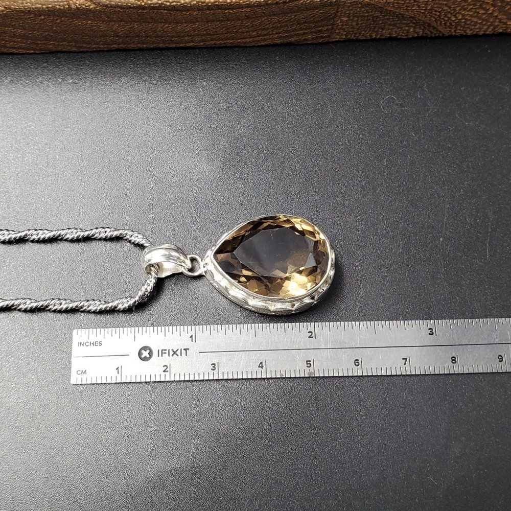 18 Inch Sterling Silver Large Smokey Quartz Gem Pendant Necklace - Picture 8 of 9